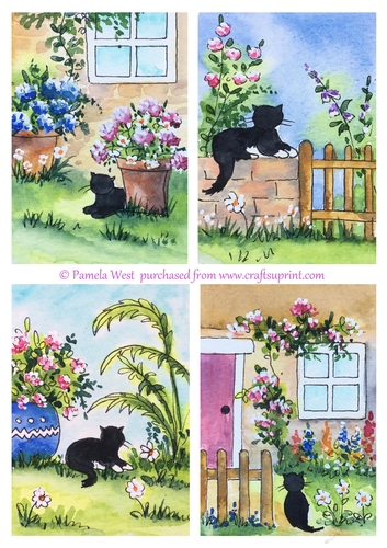4 black cat card toppers  Original art for designer resources or card toppers