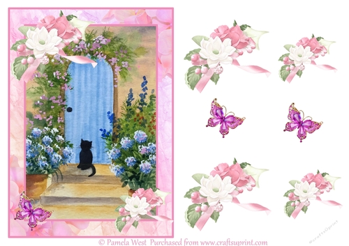 Cat and Pink Roses card topper with decoupage