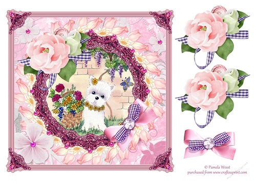 Westie in the garden with flowers and decoupage