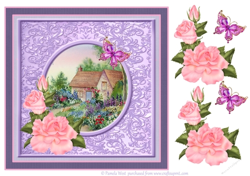 Cottage garden and roses. Card topper with floral decoupage