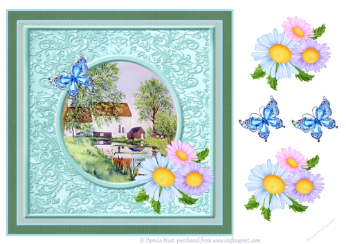 The Watermill. Card topper with butterflies and floral decoupage