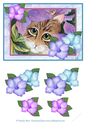 Cat and Clematis card topper with floral decoupage