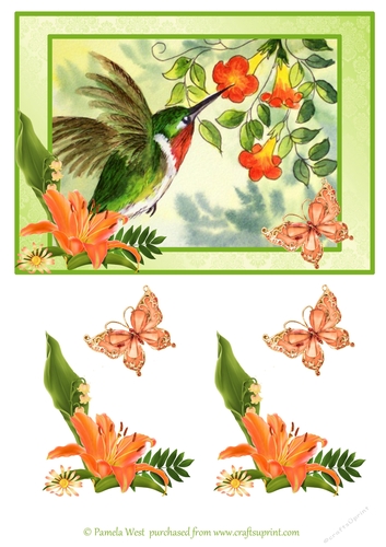 Hummingbird and Lilies card topper with floral decoupage