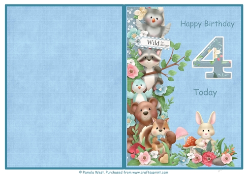Woodland friends 4th birthday print and fold quick card