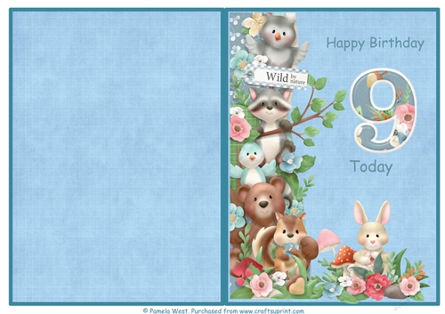 Woodland friends 9th birthday print and fold quick card