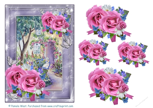 By the Cottage door with roses A5 card topper with decoupage