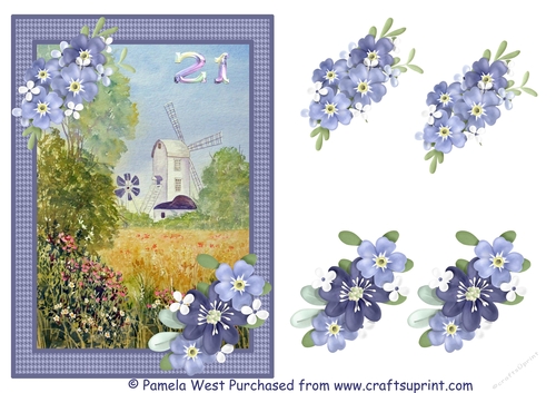 Windmill 21st Birthday card with decoupage flowers
