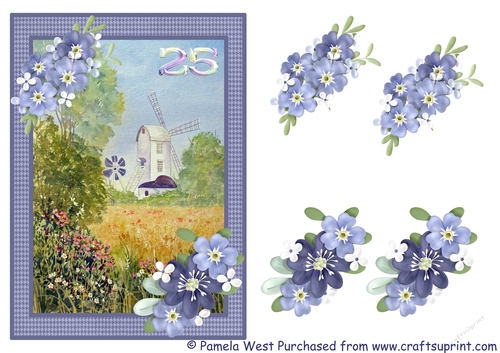 Windmill 25th Anniversary or Birthday card with decoupage flowers