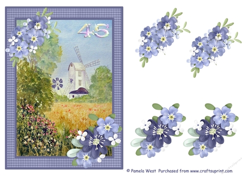 Windmill 45th Anniversary or Birthday card with decoupage flowers
