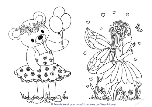 Daisy Bear and Fairy. 2 digital stamps or colouring pages