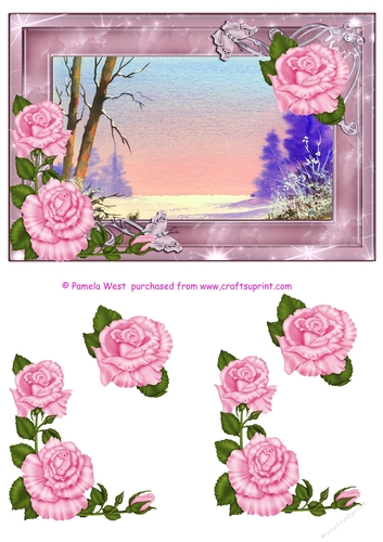 Winter Scene with Roses. A5 card topper with decoupage