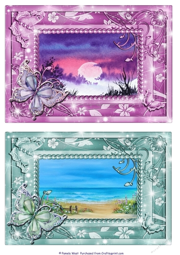 Big Moon and Beach Scene. 2 Butterfly framed card toppers