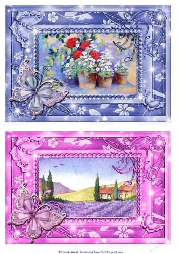 Lavender field Provence and Daisies and Geraniums. 2 Butterfly framed card toppers
