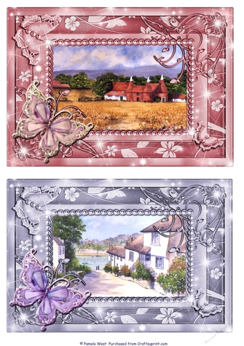 Oast Houses Kent and Cornwall scene. 2 Butterfly framed card toppers