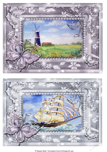 Sibsey Mill and Sailing Boat. 2 Butterfly framed card toppers
