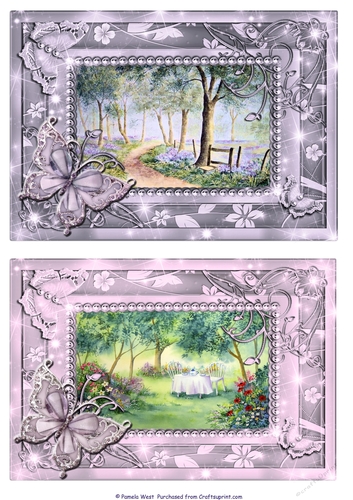 Bluebell Walk and Tea in the Garden. 2 Butterfly framed card toppers