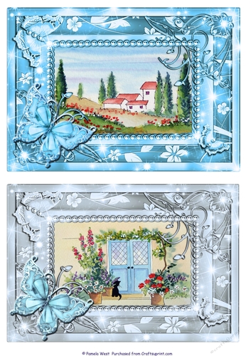 House in Provence and Cat by the Blue Door. 2 Butterfly framed card toppers