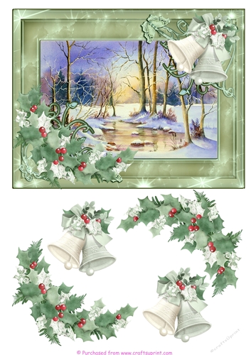 Holly and winter scenic Christmas card topper with decoupage