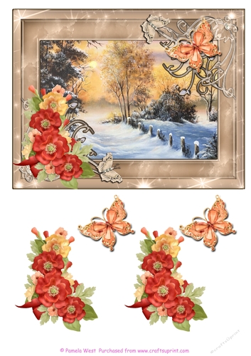 Autumn Snow Christmas Winter scene.  Christmas card topper with decoupage