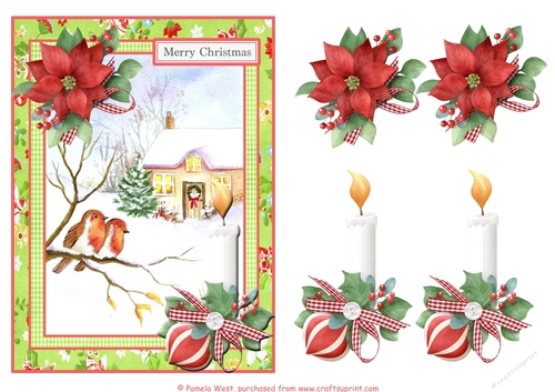 Robin and Poinsettia.  A Christmas card topper with decoupage