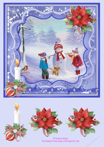 Snowman and Puppy. Square card topper with decoupage