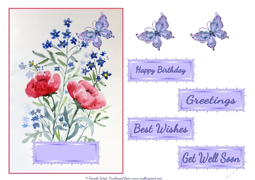 Poppy card with sentiments. Card topper with butterflies