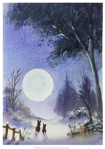 Rabbits and Big moon. Original art for designer resources or card toppers