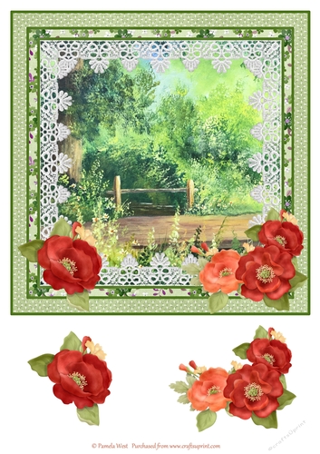 8x8 card topper Forest Stream and Poppies with decoupage