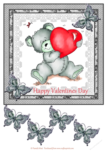 8x8 Bear and Butterflies Valentine card topper with decoupage