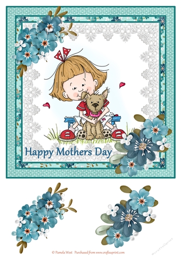 8x8 Girl and Puppy Mothers day card topper with decoupage