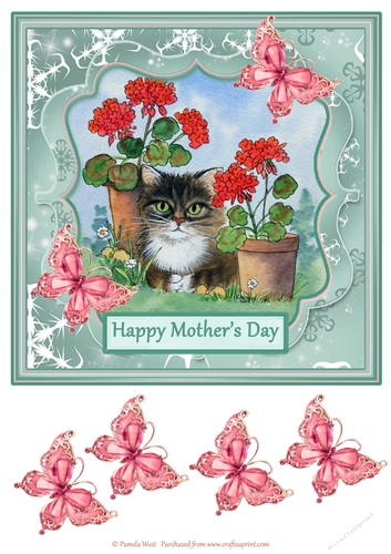 8x8 Cat and Butterflies Mothers day card topper with decoupage roses 