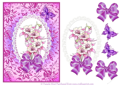 A5 Aquilegia and Butterfly card topper with decoupage