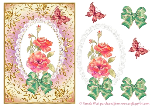 A5 Roses and Butterfly card topper with decoupage