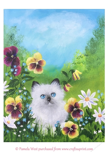Cat with Pansies Original art for designer resources or card toppers