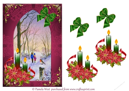 Arch and Candle Winter Walk Christmas card topper with decoupage 
