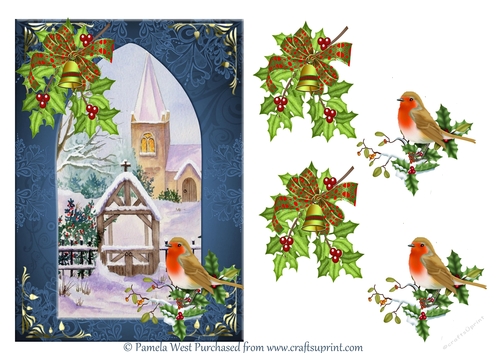 Arch and Robin Church in Snow Christmas card topper with decoupage 
