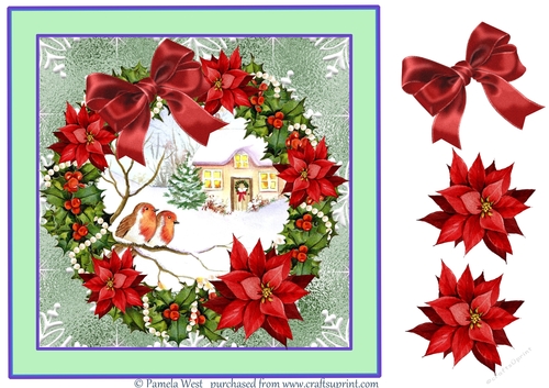 8 x 8 Christmas Wreath 2 Robins decoupage card