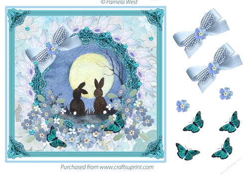 8 x 8 card topper. Rabbits Moongazing with decoupage