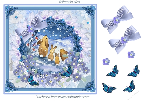 8 x 8 card topper. Rabbits in the Snow with decoupage