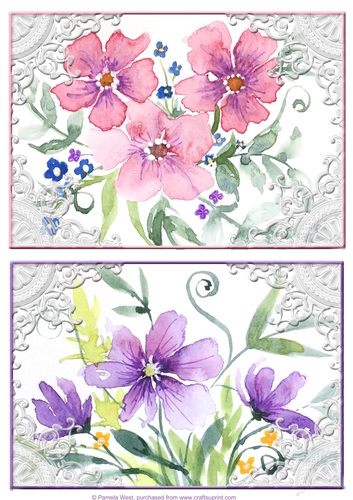 2 clematis watercolour toppers with lace frames