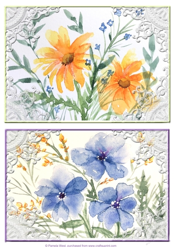 2 watercolour floral toppers with lace frames