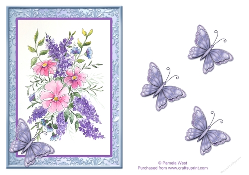 Lilac, Roses and Butterflies.  watercolour card topper with butterflies decoupage