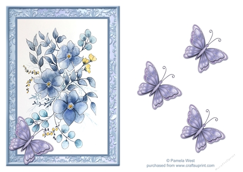 Blue Flowers and Butterflies.  watercolour card topper with butterflies decoupage