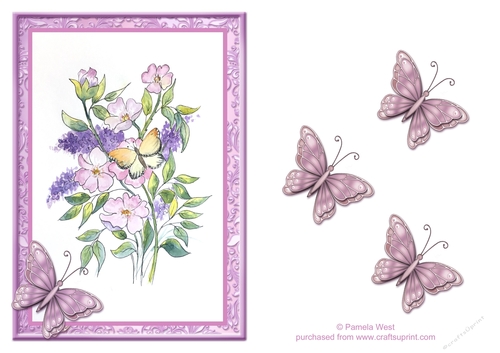 Dog roses and Butterflies.  watercolour card topper with butterflies decoupage