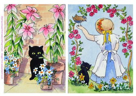 2 Toppers - Lilies and Black Cat and Feeding the Birds, designer resource/card topper