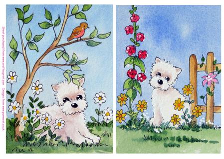 2 Toppers - Westie and Robin and Westie by the Fence card topper dewigner resource