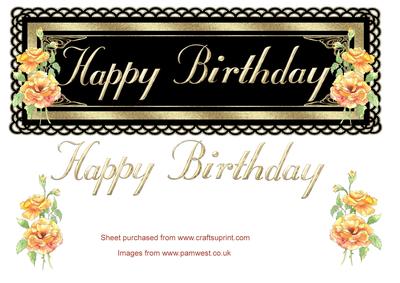 Happy Birthday Topper in Black and Gold with Yellow Rose