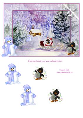 Cabin in Snow with Penguin Santa Step by Step Decoupage Card