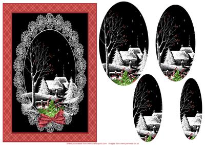 Christmas Cottage in the Snow with Tartan and Lace Frame