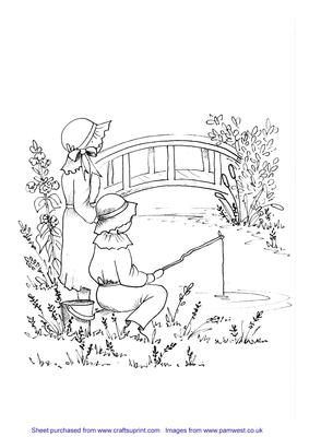 Victorian Children Fishing Digi Stamp